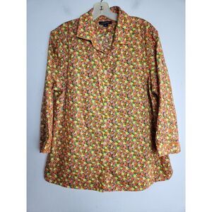 Land's End "No-Iron Supima" Yellow Orange Grove Print Button Up Top size 16